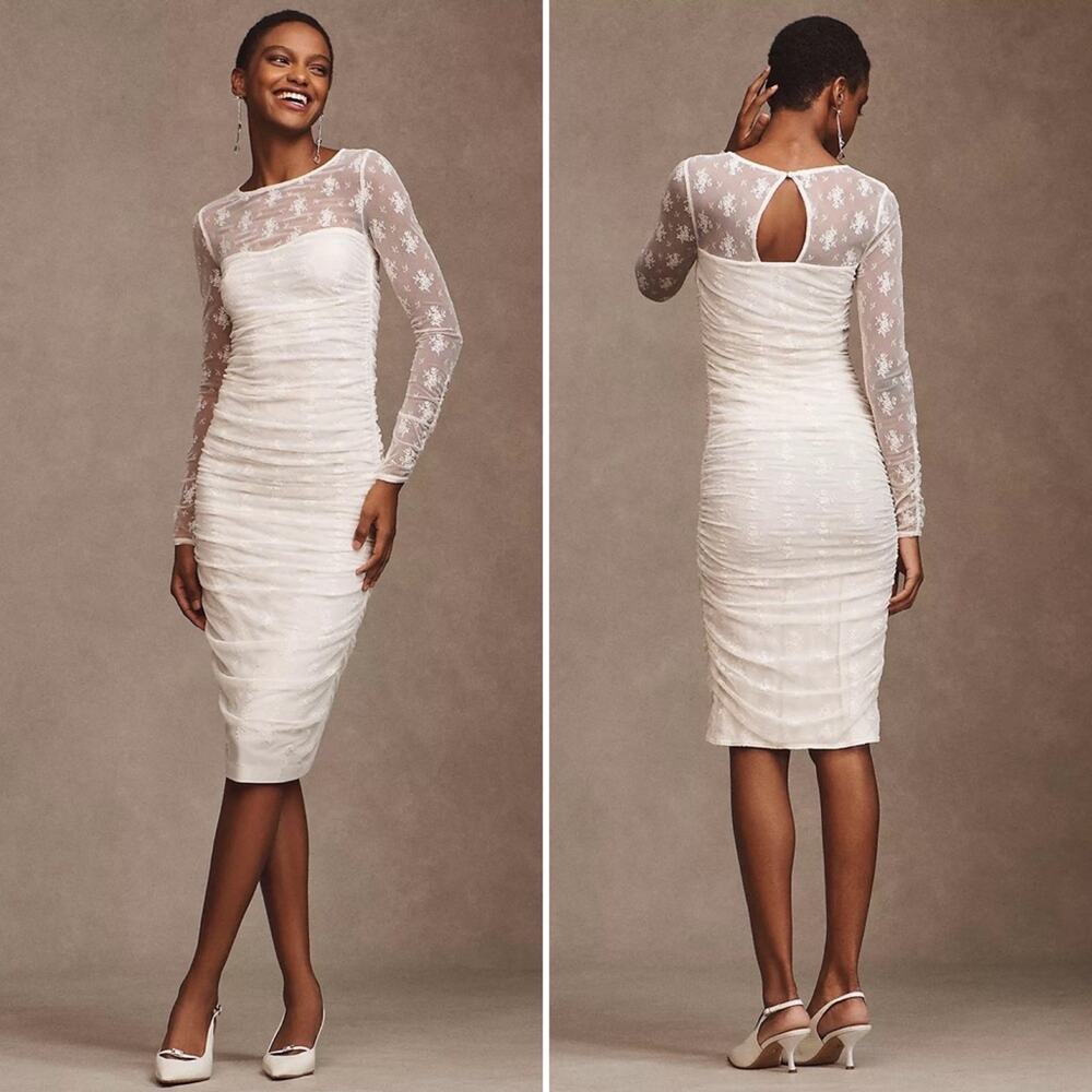 BHLDN Anthropologie Bailee Stretch Lace Ruched Midi Dress White Size Small NEW